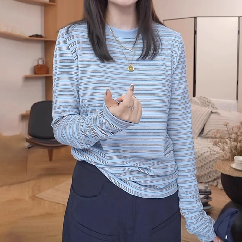 宽松慵懒风显瘦上衣秋季新款胖MM大码女装韩版chic条纹长袖T恤女