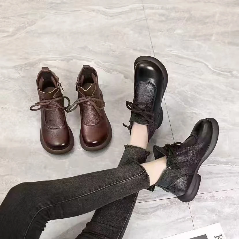 SD1027新款复古马丁靴女秋冬新款低跟粗跟软底软面圆头休闲短靴
