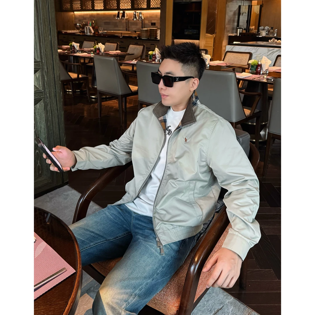 【格纹绿色刺绣】李查德痞帅男装秋季短款上衣男士撞色休闲夹克外套