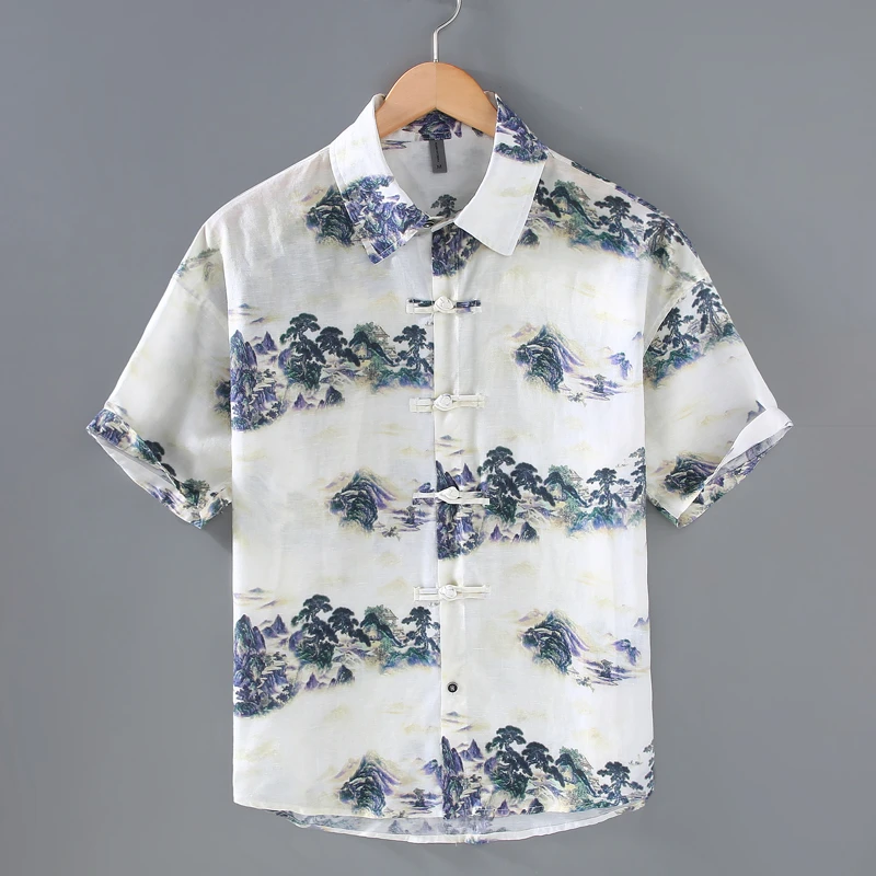 潮流国风盘扣苎麻短袖棉麻衬衫男士个性水墨印花休闲宽松亚麻衬衣