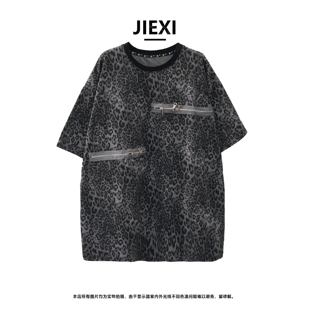 JIEXI潮酷街头休闲重工拉链豹纹大版型百搭宽松短袖T恤jx66008