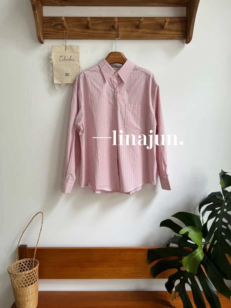 9.19秋棠春季新款宽松百搭粉色条纹长袖衬衫