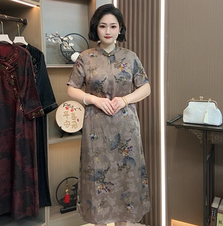 【莺歌】2025新款高端重磅夏季时尚中国风印花遮肉显瘦改良连衣裙