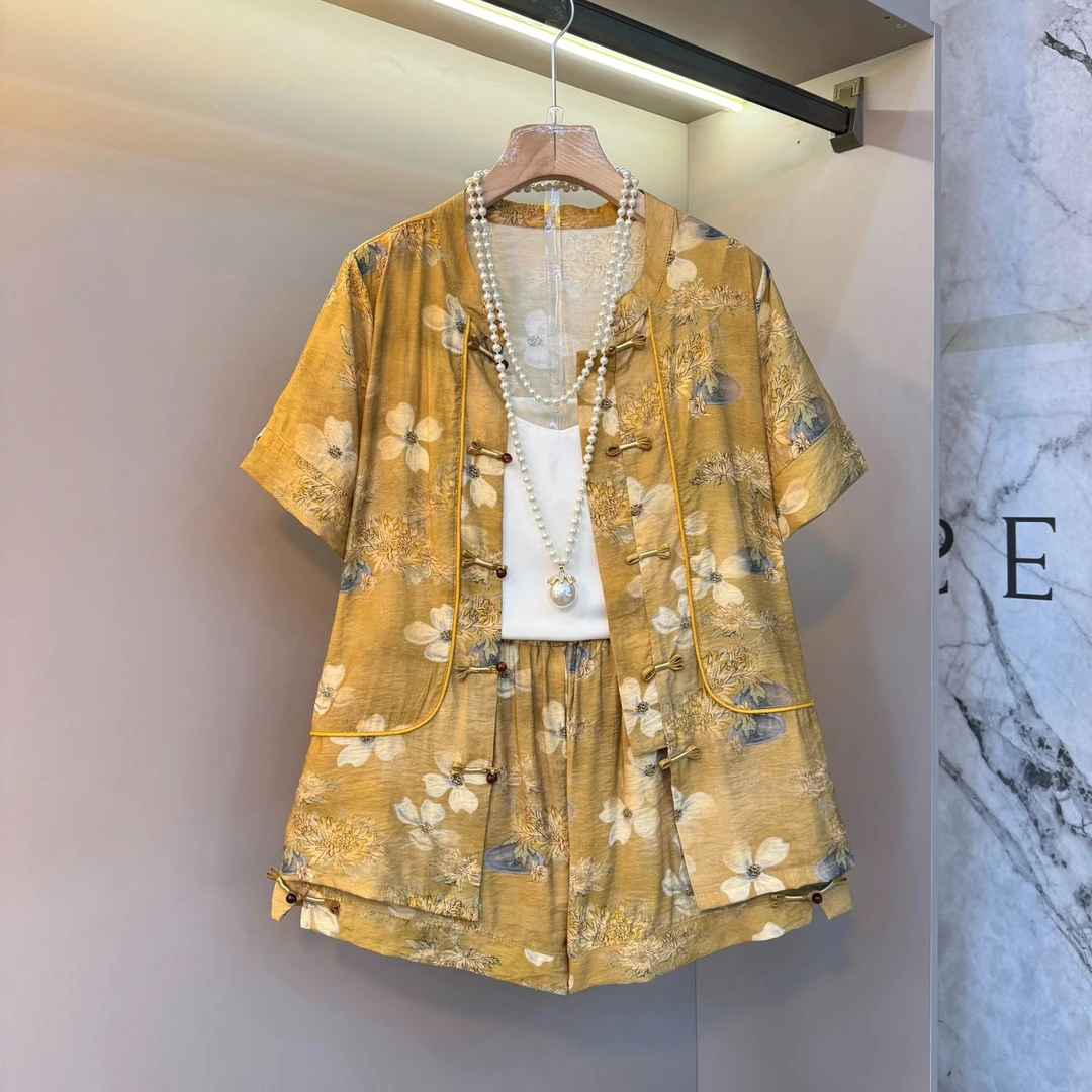 复古大码女装新中式2025提花盘扣上衣开衫+短裤显瘦俩件套3182