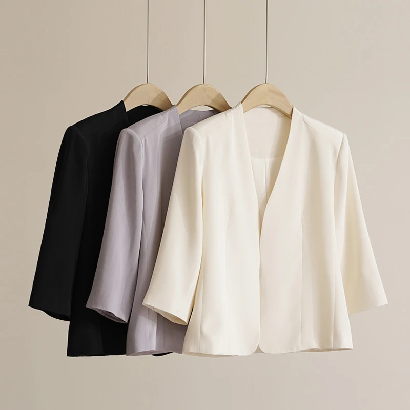 伽D30姆米重磅重绉桑蚕丝V领通勤七分袖女士西装外套上衣（250458）