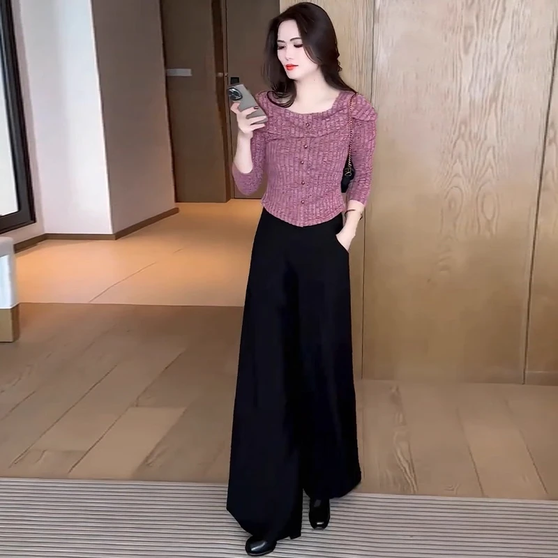 时尚套装女2025秋季新款针织长袖上衣高腰阔腿裤显瘦休闲两件套潮
