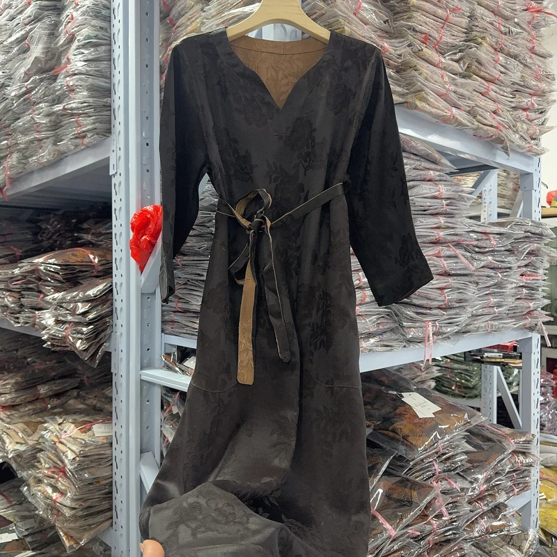 7838款长款秋季V领套头中国风秋冬宽松腰连衣裙【默】