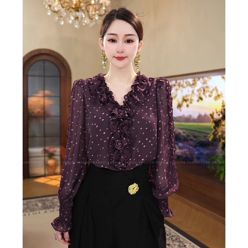 现货2025年爆款【LT-1025】气质高级感独特漂亮紫色波点衬衫上衣女