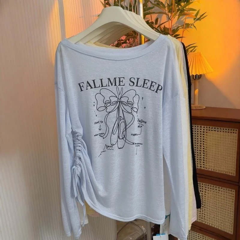 莱赛尔轻薄款防晒美式慵懒风T恤女斜肩印花长袖薄透气时尚上衣夏