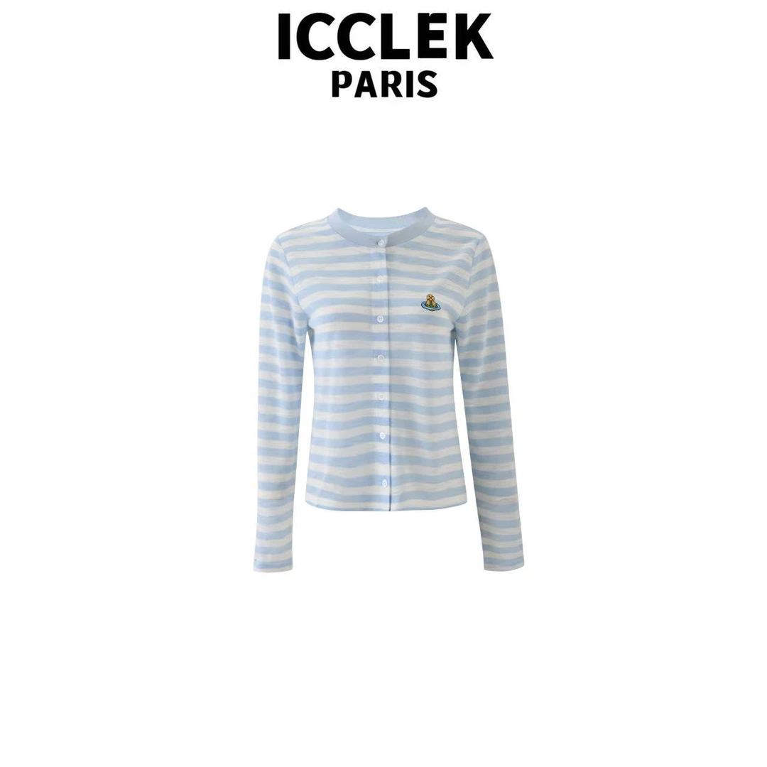 ICCLEK 蓝色条纹圆领单排扣长袖针织衫气质轻奢名媛减龄百搭-5798