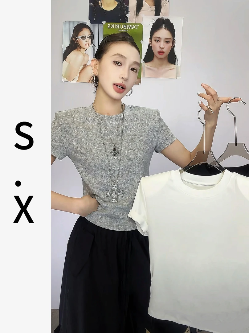 S.X 2025夏新款小众款袖口翻边短袖T