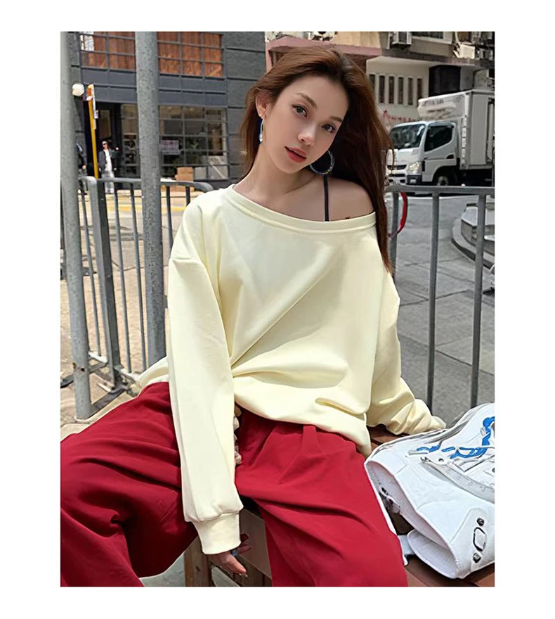 一字肩卫衣女秋季2025新款设计感宽松性感斜领长袖慵懒风韩系上衣