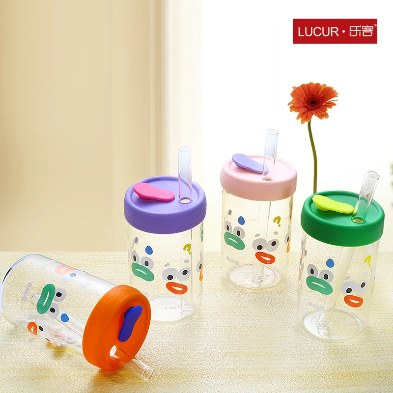 乐客8982 600毫升可爱玻璃杯学生吸管杯家用大容量便携