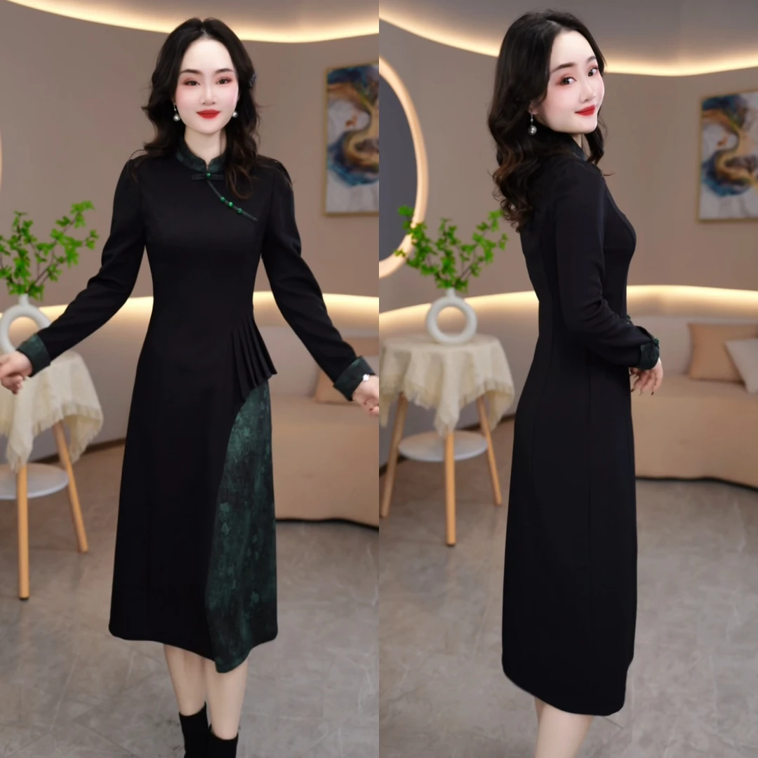 2025年春季新款时尚新中式减龄显瘦女人味假两件长袖连衣裙M-4XL