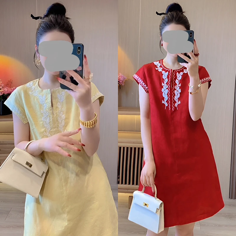 2025夏季新款新中式国风复古红色短袖连衣裙女高级感气质显瘦裙子