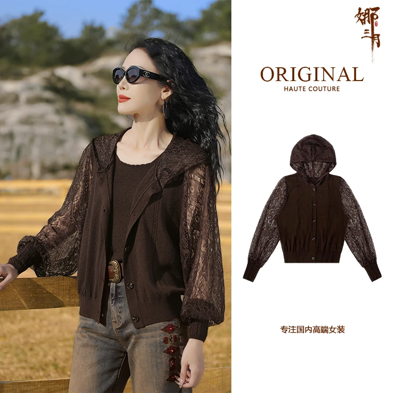 【原创】简约时尚文艺减龄蕾丝袖连帽开衫38622