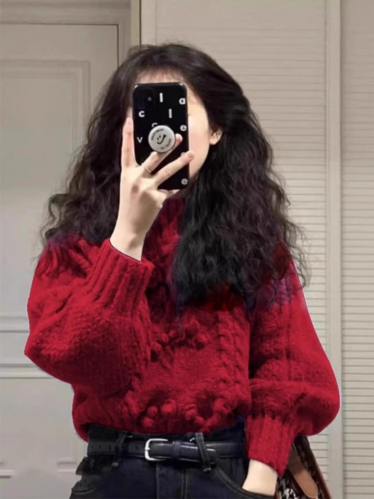 新年红色重工麻花半高领毛衣女秋冬加厚慵懒风内搭打底针织衫上衣