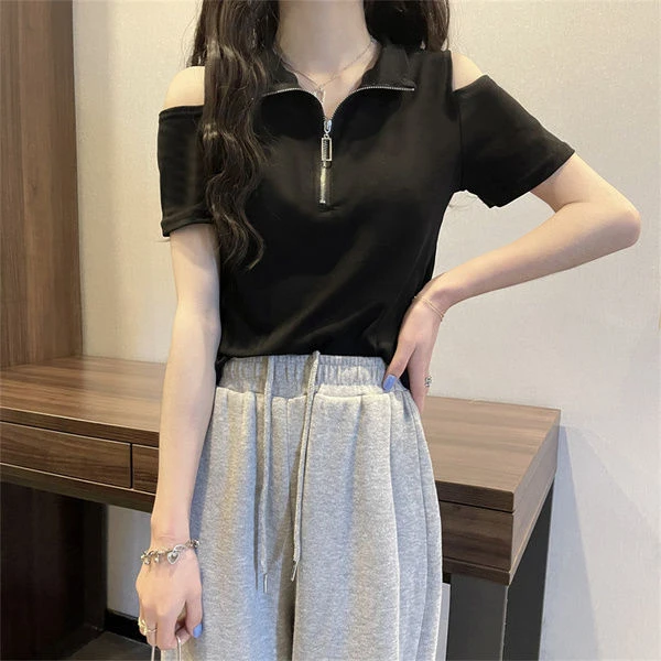 奥莱撤柜（剪标同款）POLO衫短袖T恤女夏甜辣法式纯欲拉链设计感小