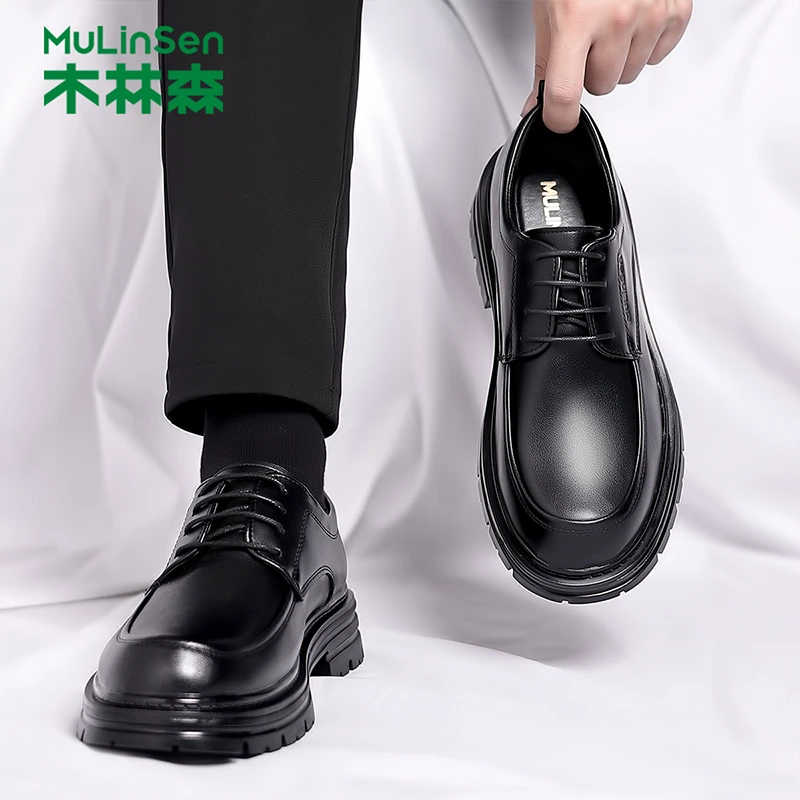 木林森软底男士休闲低帮黑色皮鞋2025新款潮流英伦商务正装结婚鞋
