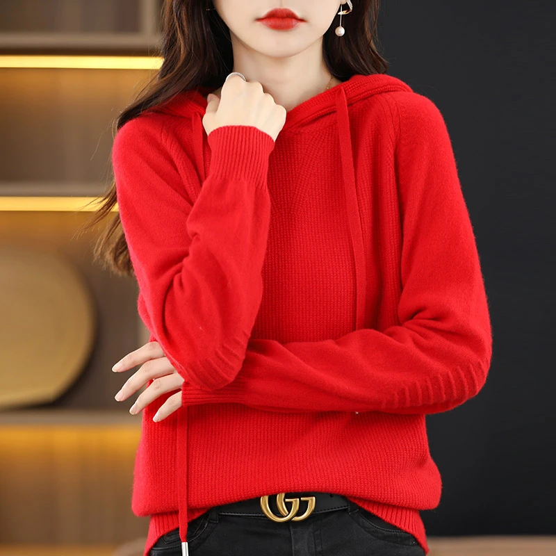 秋冬季针织衫带帽女宽松百搭套头休闲连帽卫衣时尚外穿打底衫