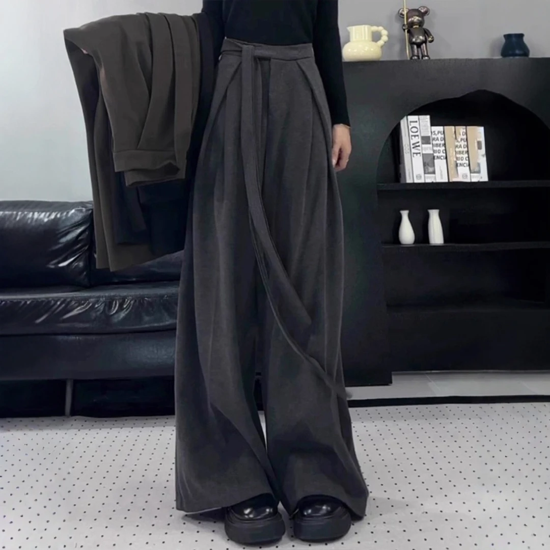灰色绑带垂感高腰阔腿裤女2025秋季新款高级感毛呢拖地休闲西装裤