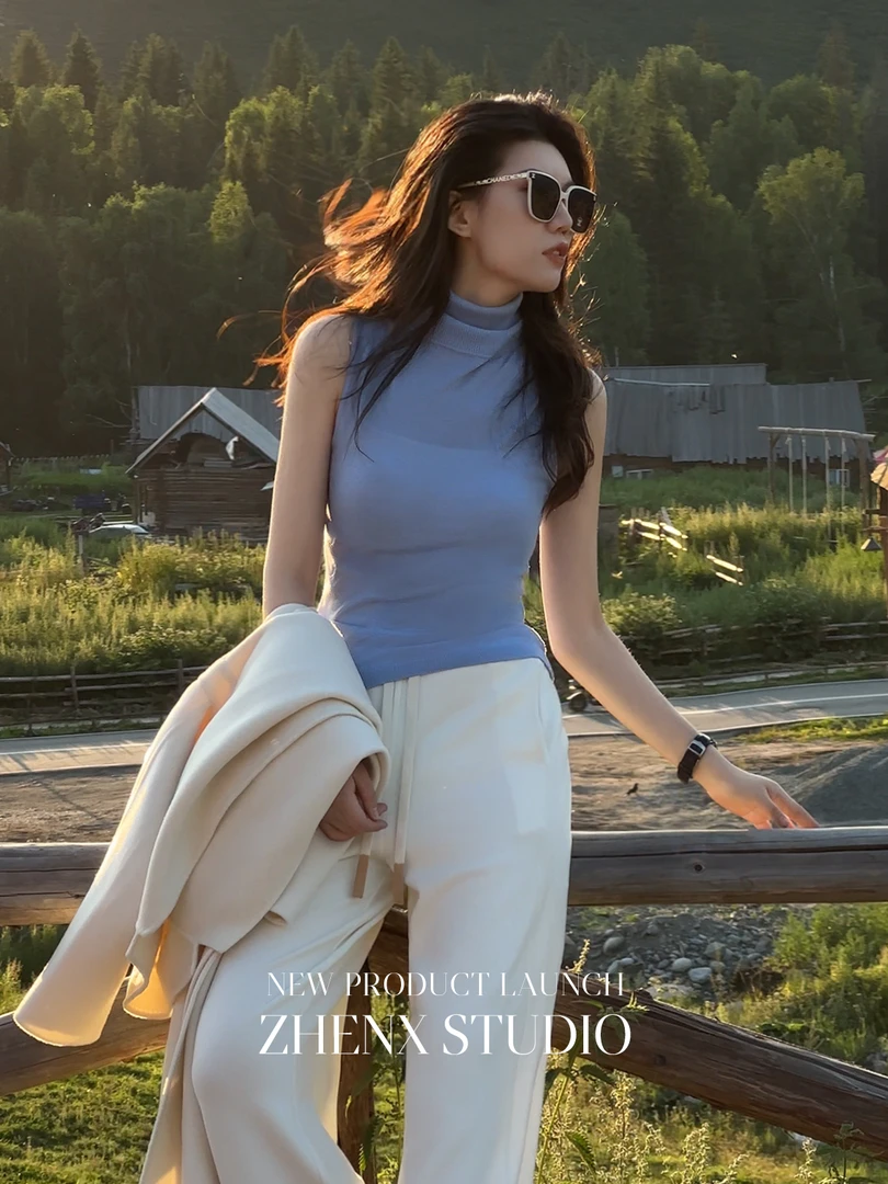 ZHENXI【 秋日蓝调】高个子穿搭高领无袖秋显瘦针织毛衣25QDAZ0144