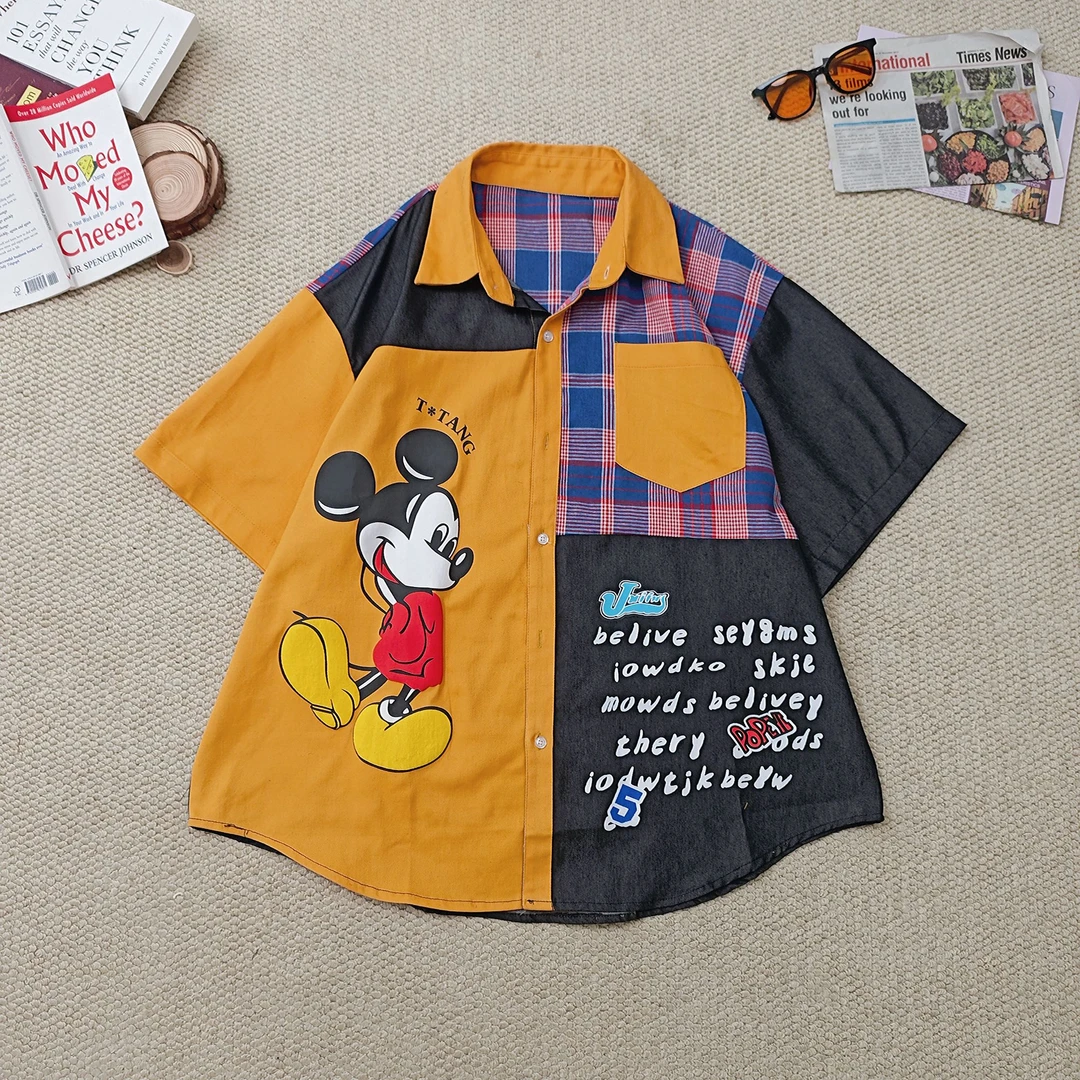 2025夏季新款休闲拼色格纹卡通印花短袖衬衫外套2947