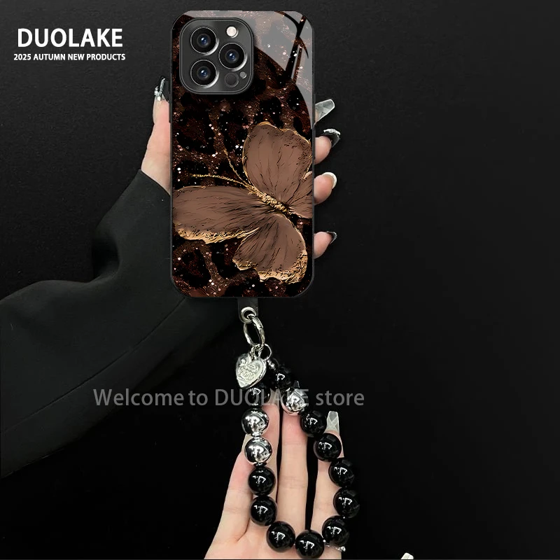 豹纹蝴蝶适用苹果vivo华为oppo小米iPhone17电镀玻璃防摔手机壳潮