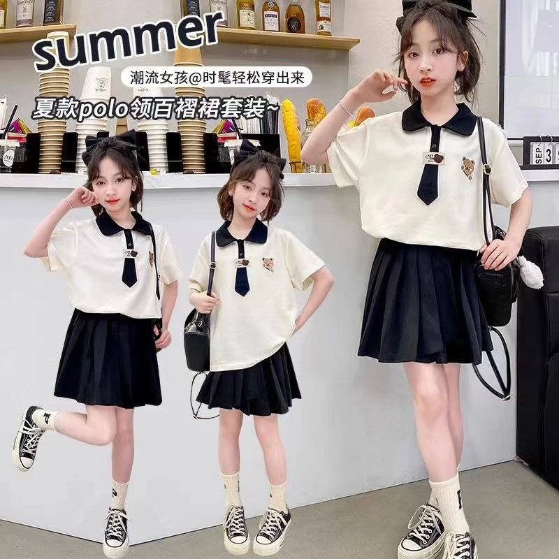 女孩学院风夏季薄款套装制服韩版卡通动漫百褶女短裙网红洋气时尚