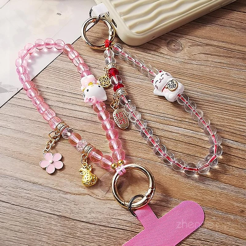 招财猫猫水晶珠手机挂链ins手提手腕挂饰串珠手链国风发财挂绳链