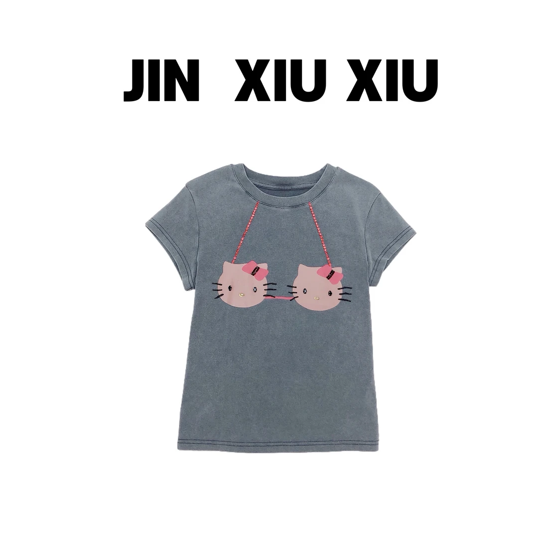 JINXIUXIU春夏新款设计感可爱立体装饰kitty猫韩系甜美短袖T恤901