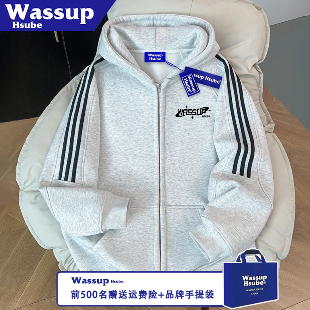WASSUP HSUBE流行秋冬拉链印花情侣宽松长袖国潮字母三条杠上衣