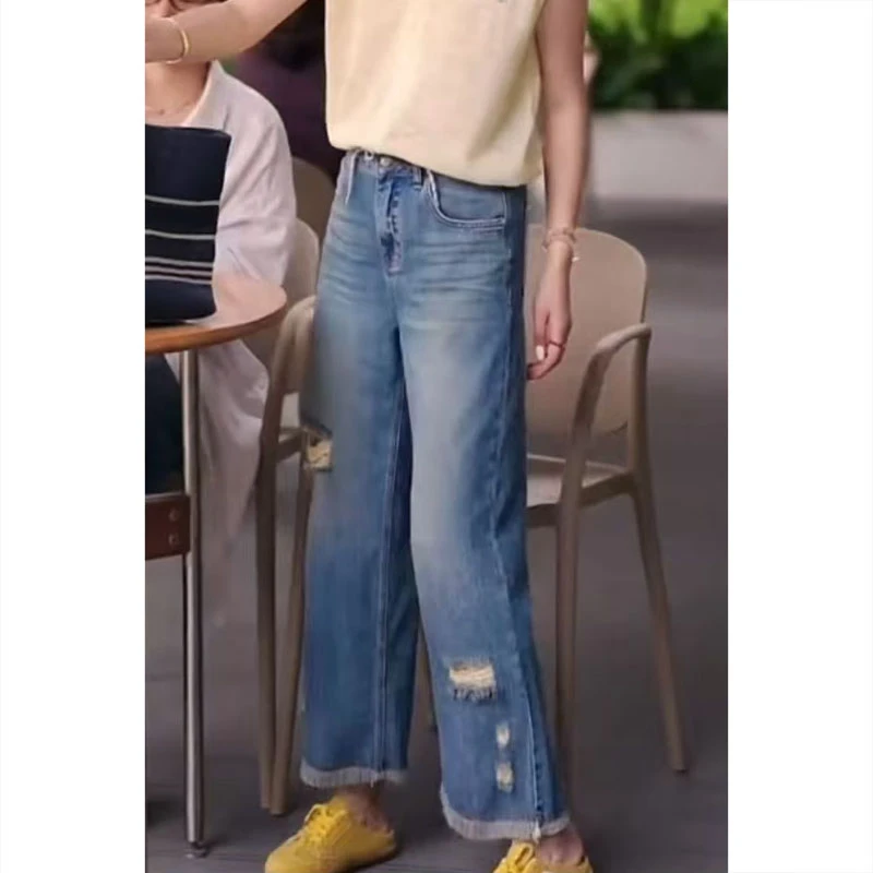 艾塔莉窄版破洞阔腿牛仔裤女2025夏季新款毛边胖mm大码美式弯刀裤
