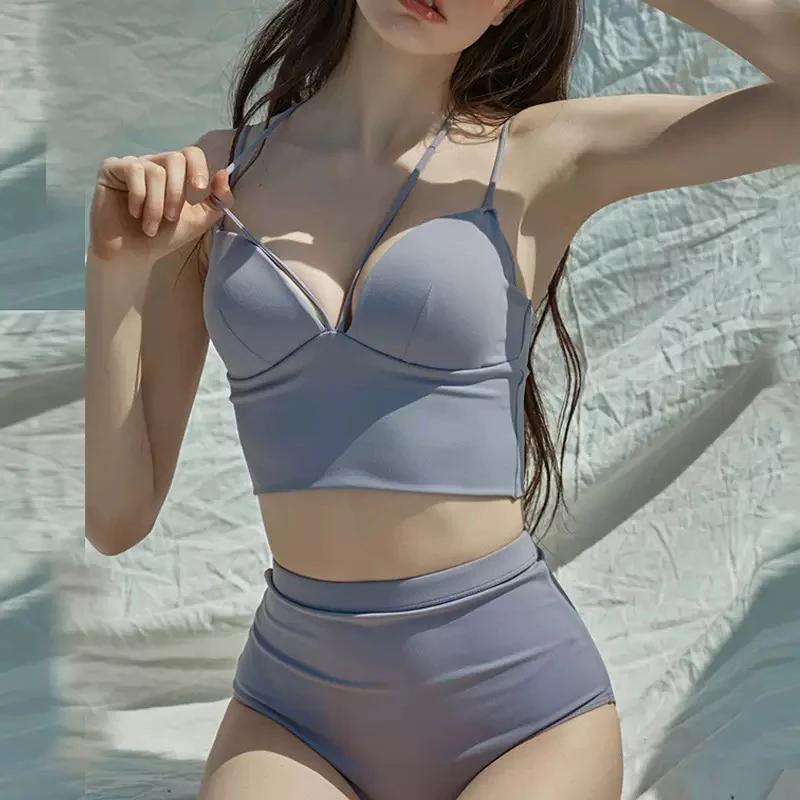 2025新款分体泳衣女韩版比基尼性感露背高腰遮肚显瘦钢托聚拢