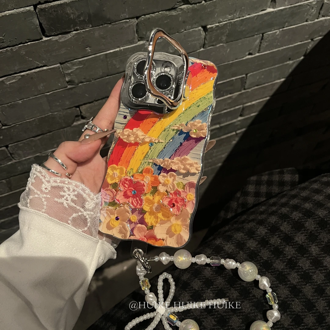 点钻花朵适用苹果16手机壳iphone15/14/13promax镜头支架12女手链