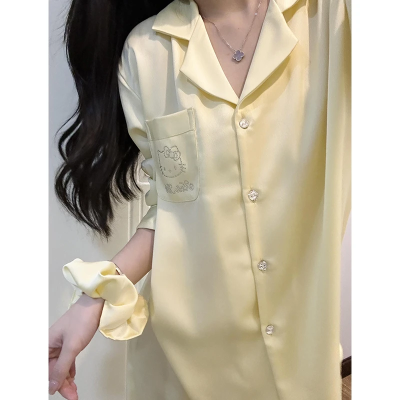 【烫钻凯蒂猫】韩版薄款长袖冰丝睡衣女套装春秋季新款宽松家居服