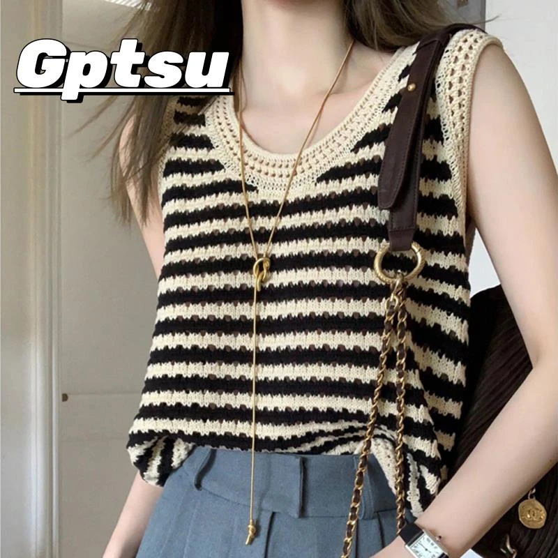 GPTSu条纹针织吊带小背心女夏季外穿宽松法式镂空打底无袖t恤上衣