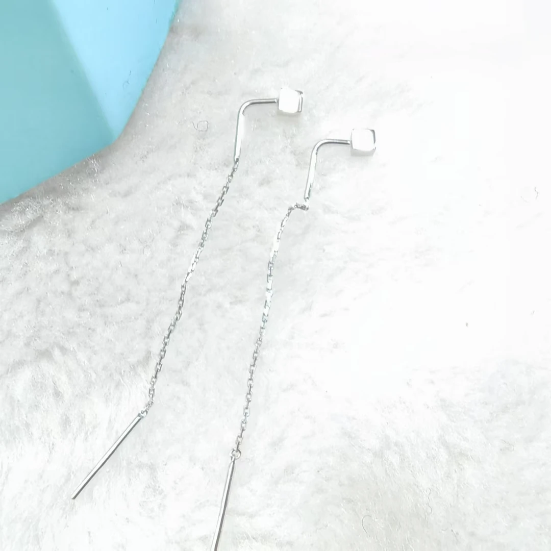 PT950铂金耳饰 七字钩 亮面方糖铂金耳线 约5.5cm