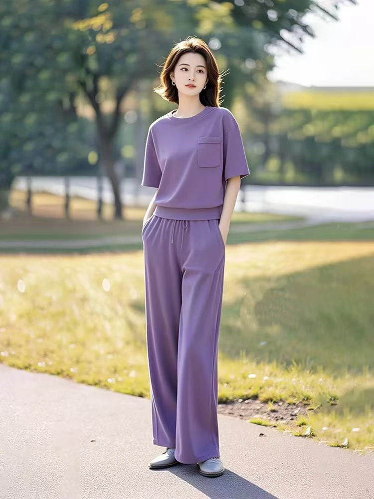 【源头工厂】2025年新款夏季显白休闲设计款高级感紫色舒适运动套装