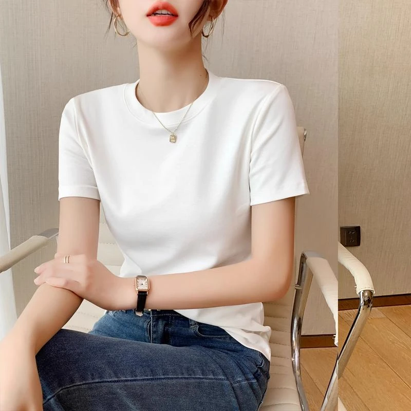 【92%棉8氨纶】夏季复古显瘦正肩修身短袖女T恤设计感小众上衣