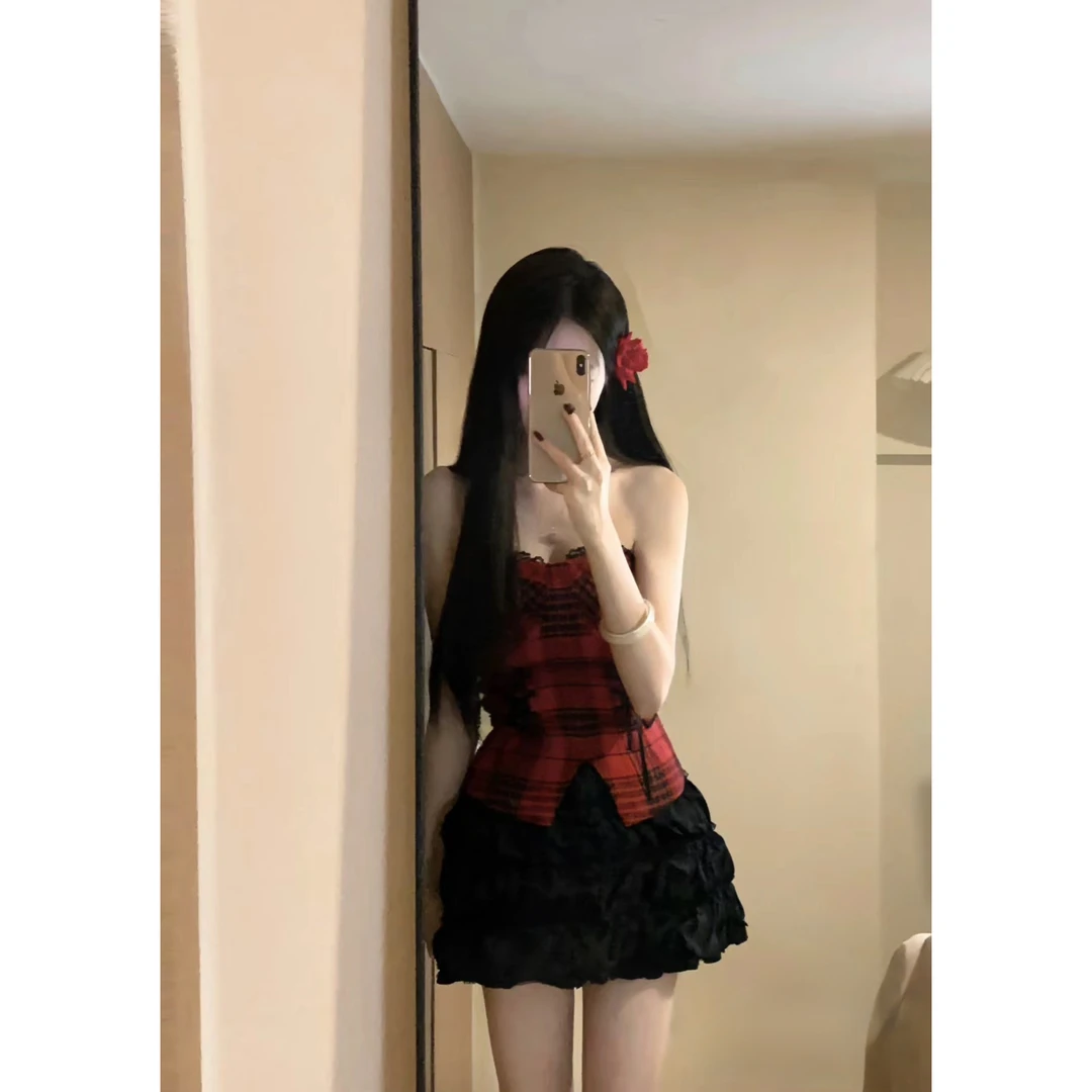 新年战袍美式辣妹红色抹胸上衣套装女春季高腰a字蓬蓬裙两件套女