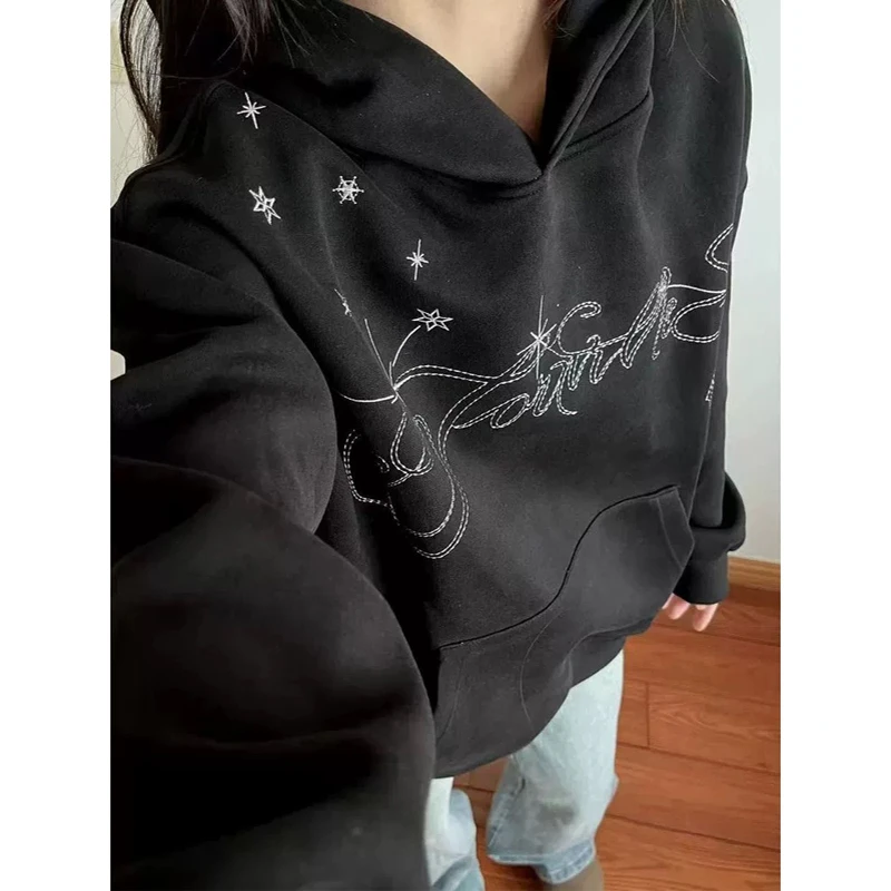 美式复古星星刺绣连帽卫衣男女款秋季oversize宽松百搭情侣上衣潮