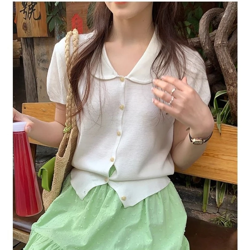 黄色娃娃领飞飞袖短袖t恤小个子针织短款翻领正肩上衣女夏季女装