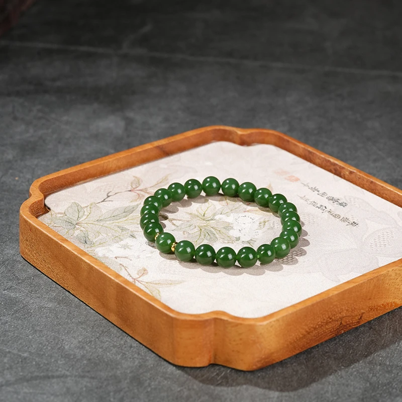 【鑫浩 】新疆和田玉-高品碧玉老料菠菜绿卡7-8手串一条