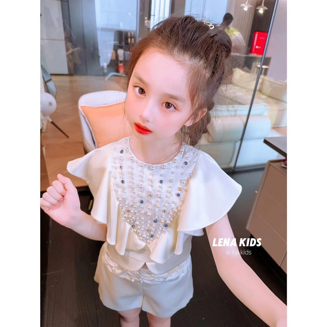 Lenakids【现货】高定时髦女宝珍珠重工荷叶边上衣短裤汉服24053001