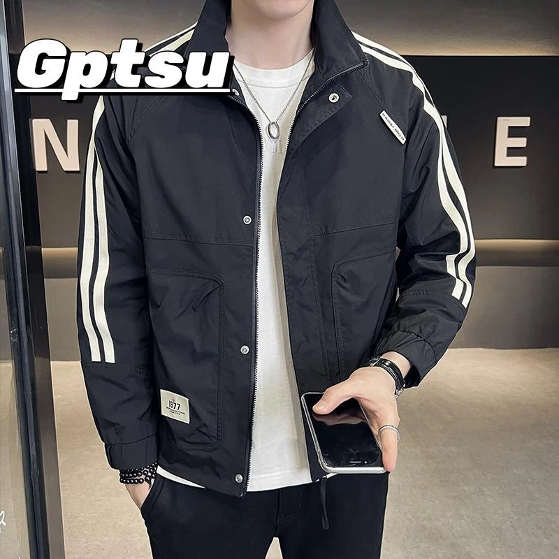 GPTSu薄款外套男春秋款潮流新款立领条纹潮牌痞帅休闲衣服夹克男