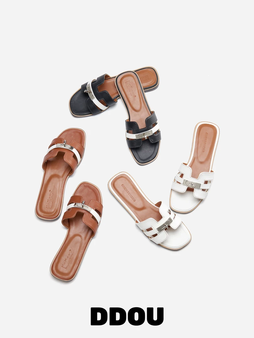DDOU法式锁扣半拖绝美平底懒人一字带沙滩凉鞋拖女夏