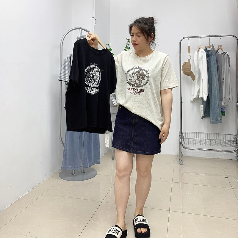 卡通字母印花精梳棉短袖+牛仔裙裤夏季新大码女装百搭显瘦梦小美
