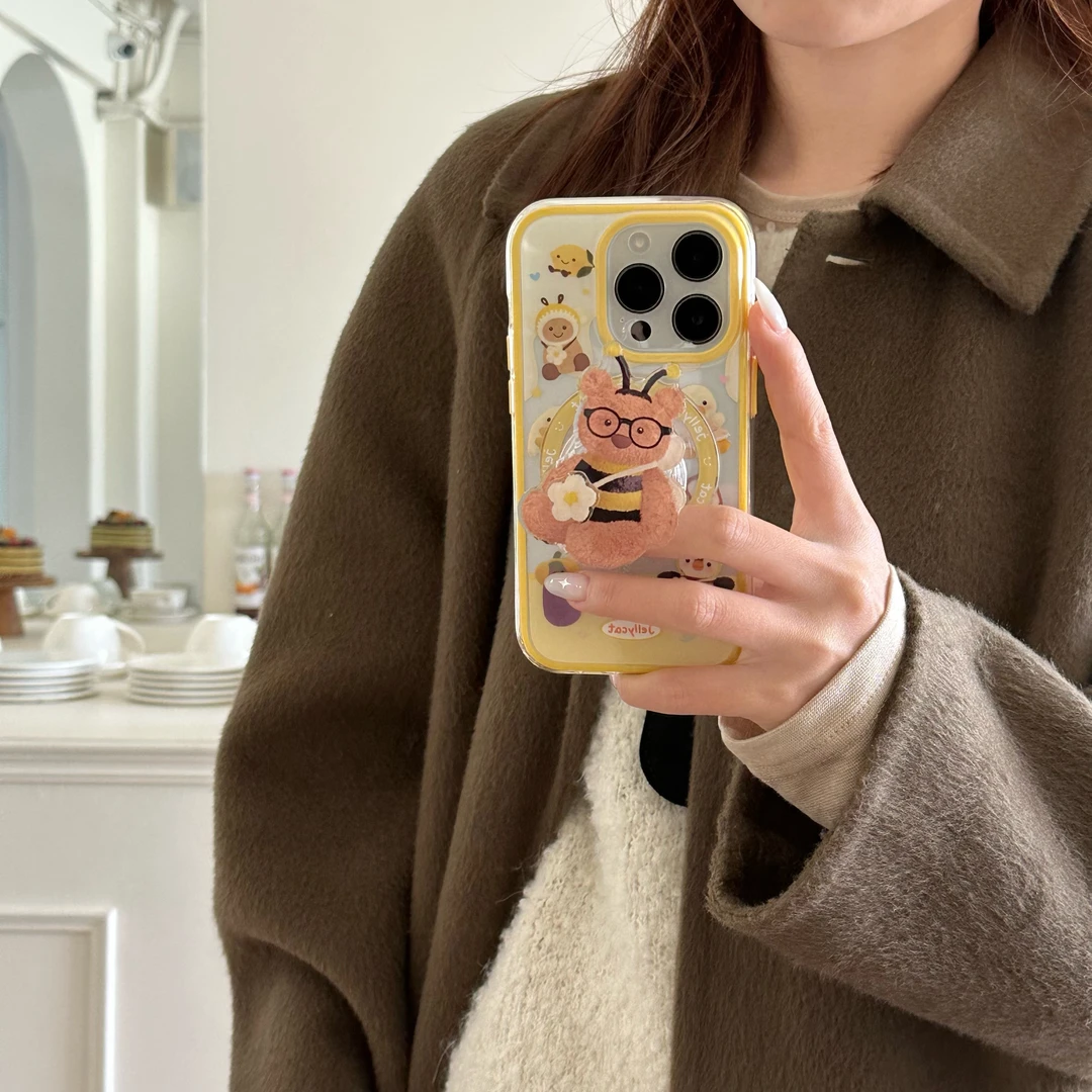 可爱蜜蜂小熊磁吸支架适用iphone16Promax苹果15手机壳14二合一13