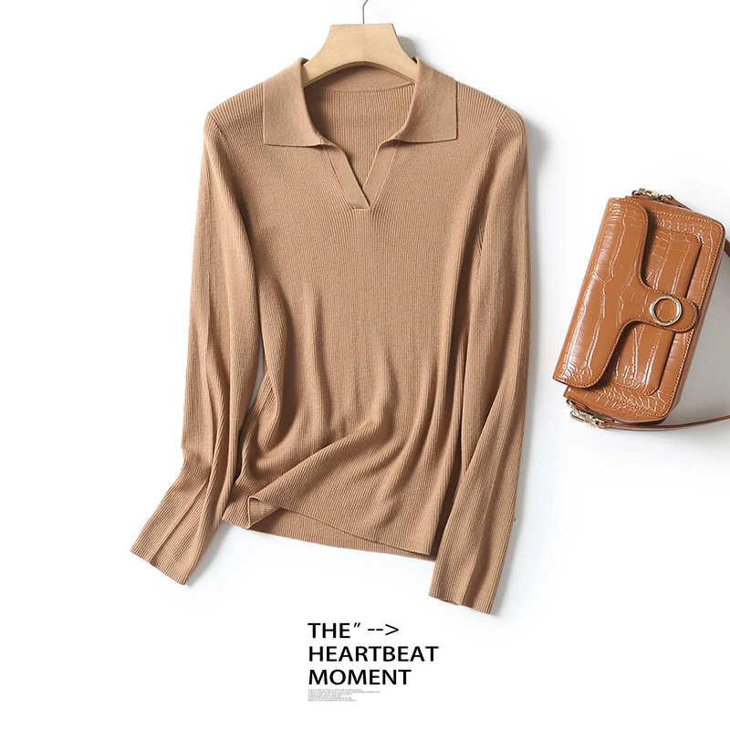 100%精纺可机洗羊毛衫新品女款V领套头时尚纯色打底衫BN690